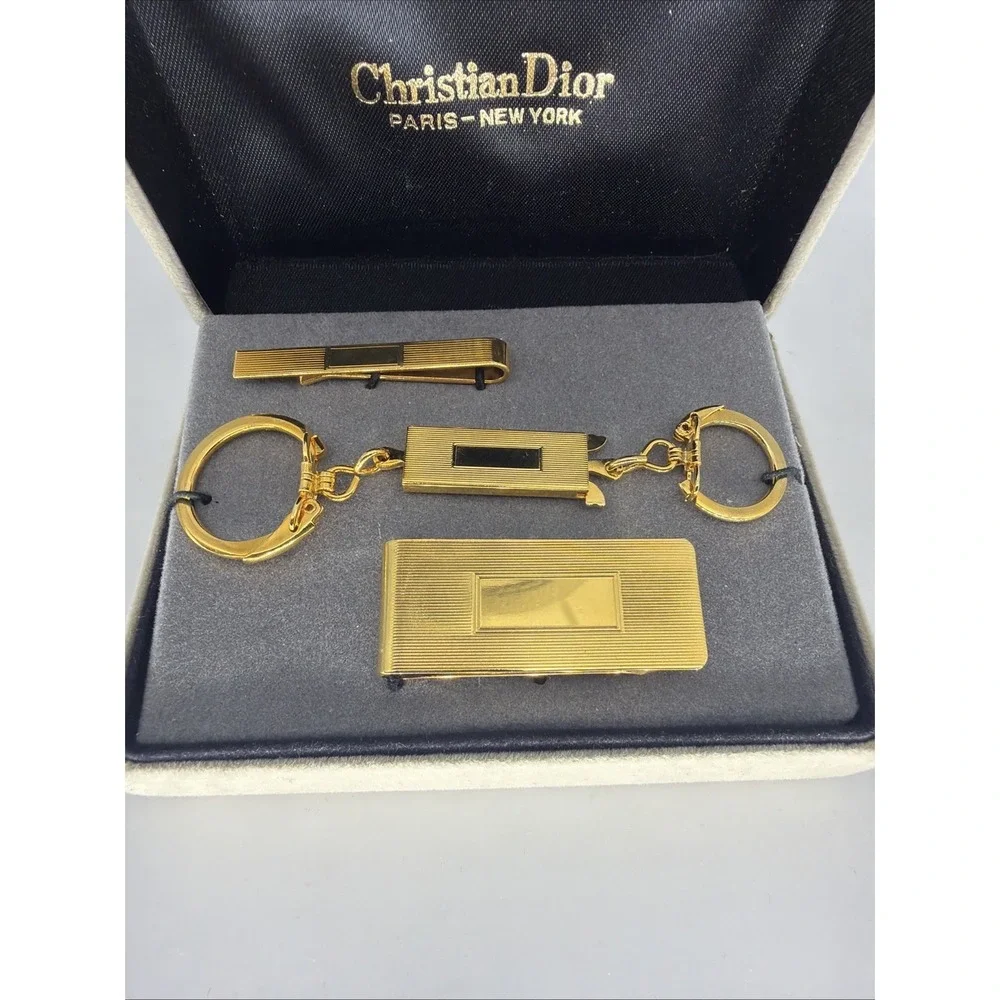 Vintage Christian Dior Accessory Kit Money Clip Tie Bar Keychain Gold Tone Set